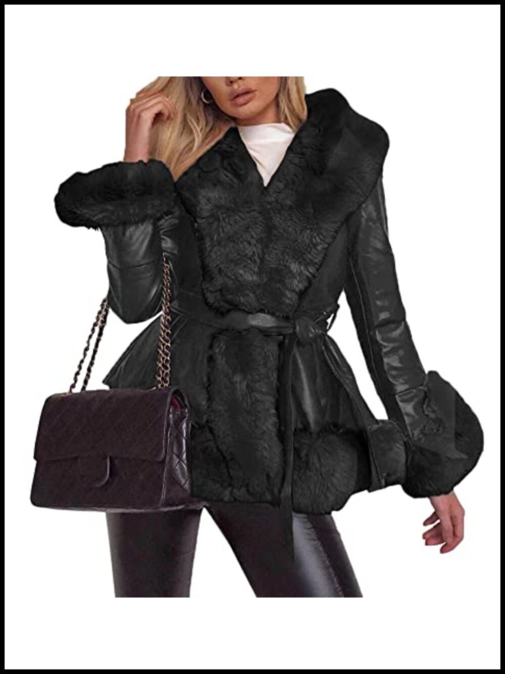 Faux Leather Jacket Fur Collar Belted Parka Coat